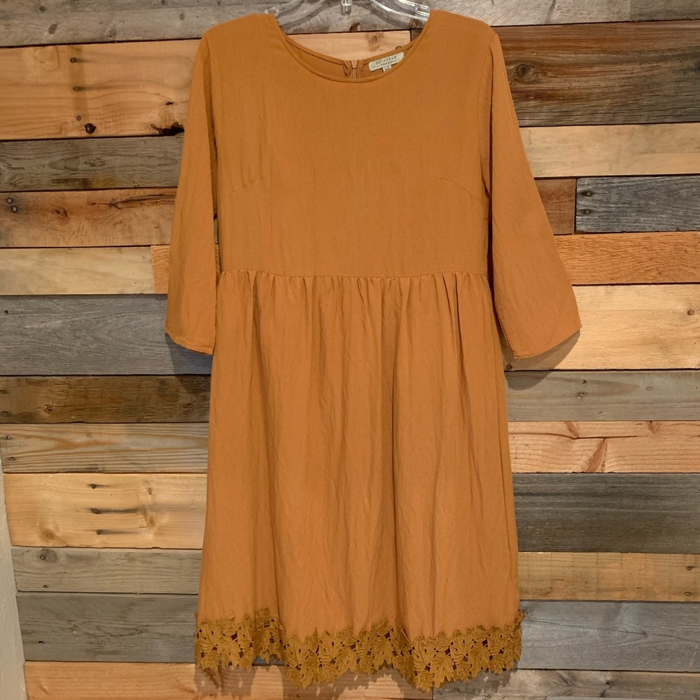 Polagram Mustard Lace Trim Midi Dress